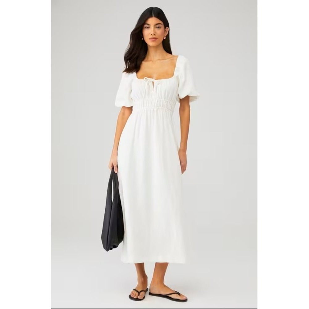 Faithfull the Brand Brigitte Midi Dress Size 2 XS White Linen Puff Sleeve